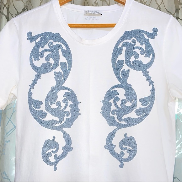 GIANNI VERSACE COLLECTION WHITE BLUE PRINT SHORT SLEEVE CREWNECK T-SHIRT TEE - Picture 2 of 6